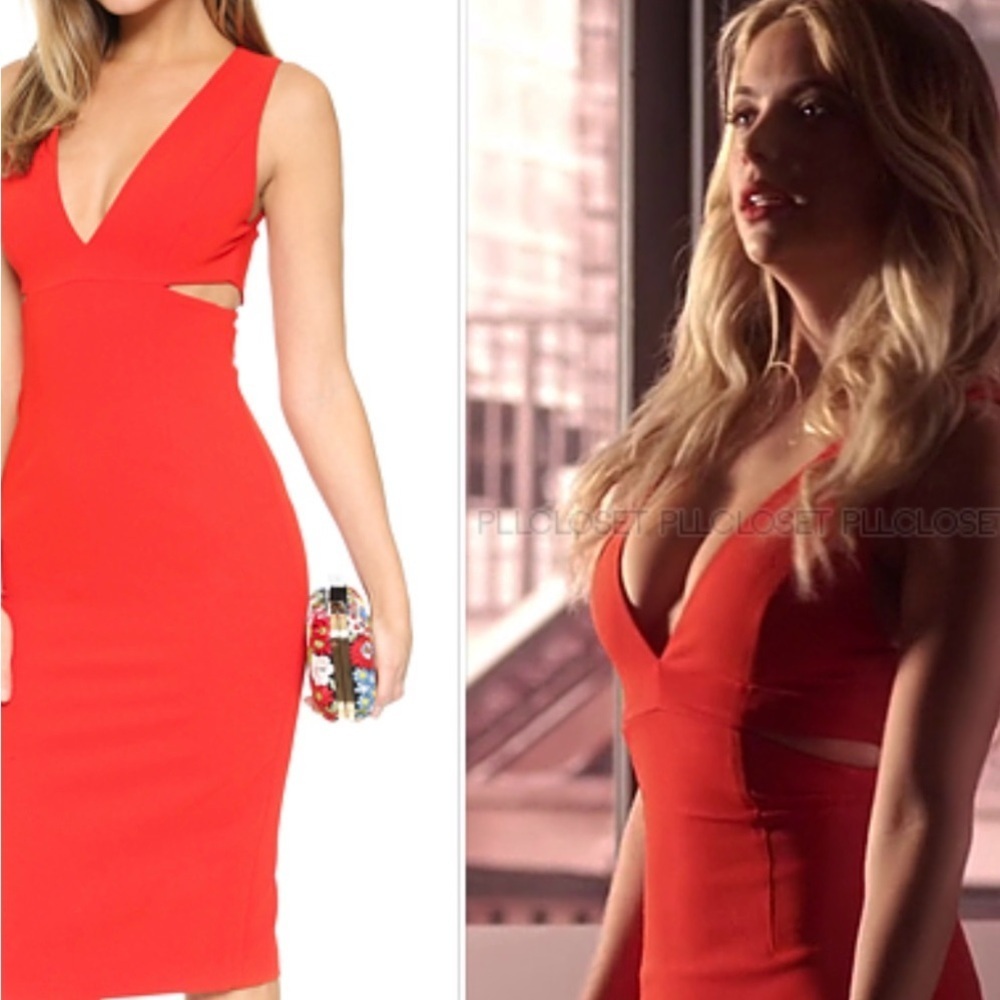 Alice + Olivia Red Sleeveless Midi Sheath Dress w/ Plunge Neckline for Night Out